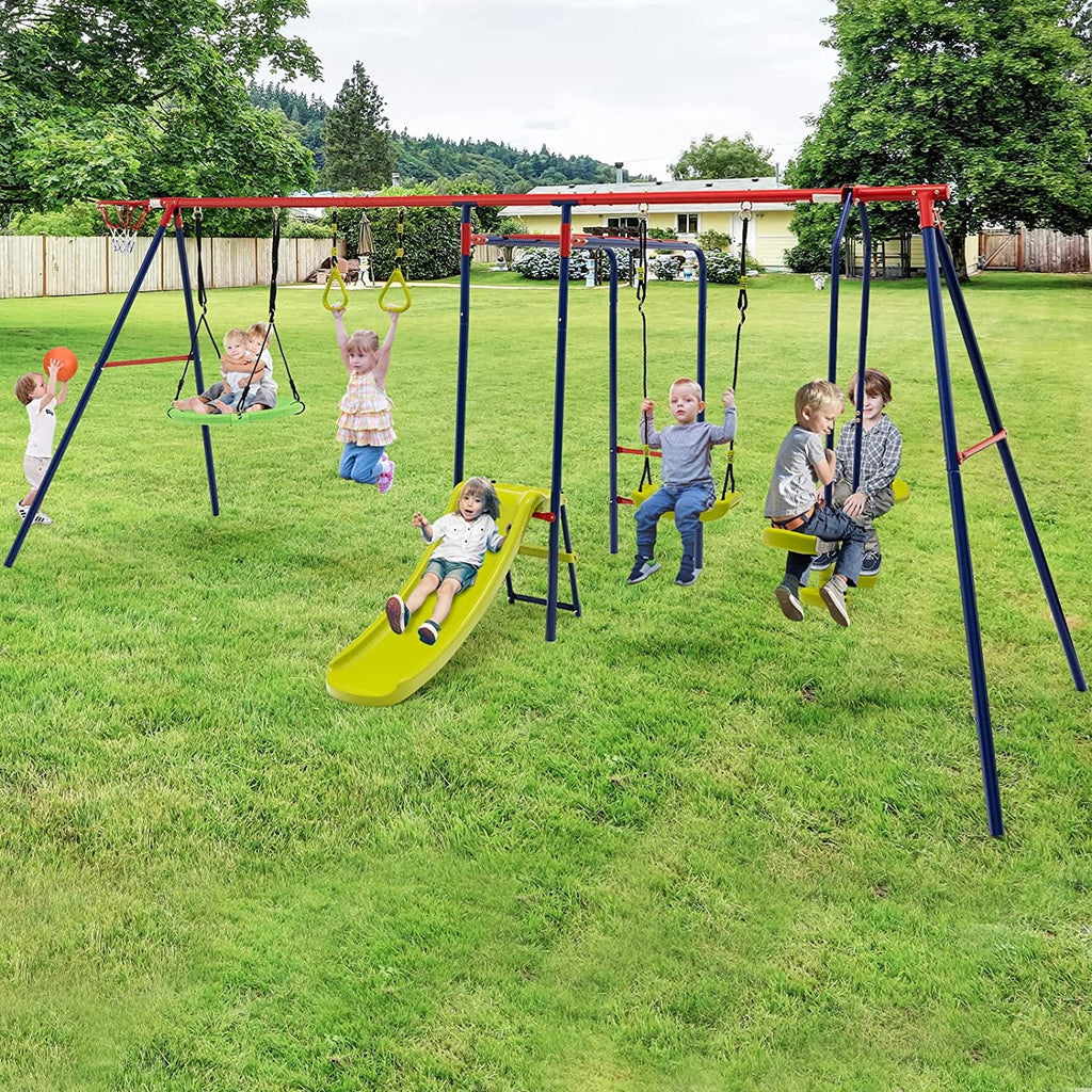 OLAKIDS Swing Sets for Backyard, 7 in 1 Outdoor A-Frame Heavy Duty Metal Swing Stand with Monkey Bar for Kids, 660LBS Playground Playset with Slide, 2 Swings, Glider, Trapeze Rings, Basketball Hoop