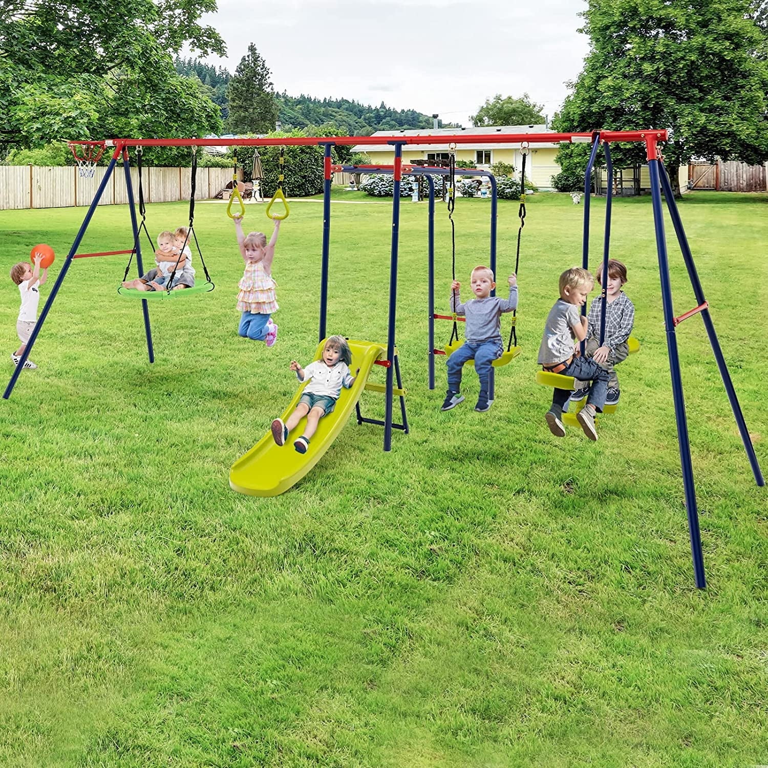 OLAKIDS Swing Sets for Backyard, 7 in 1 Outdoor A-Frame Heavy Duty Metal Swing Stand with Monkey Bar for Kids, 660LBS Playground Playset with Slide, 2 Swings, Glider, Trapeze Rings, Basketball Hoop