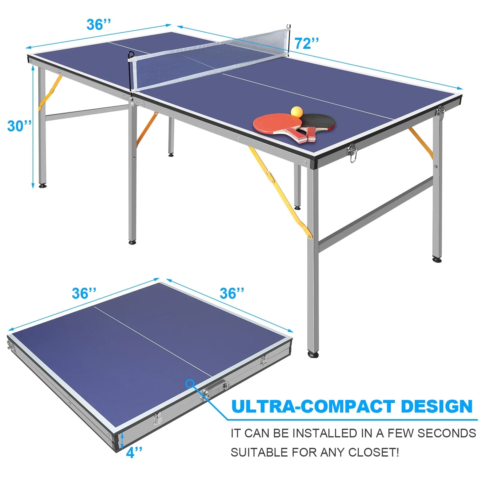 Midsize Ping Pong Table Set, 6ft Foldable Table Tennis Table with Net, 2 Paddles and Balls, 100% Pre-Assembled Folding Ping Pong Table Game Set for Indoor Outdoor