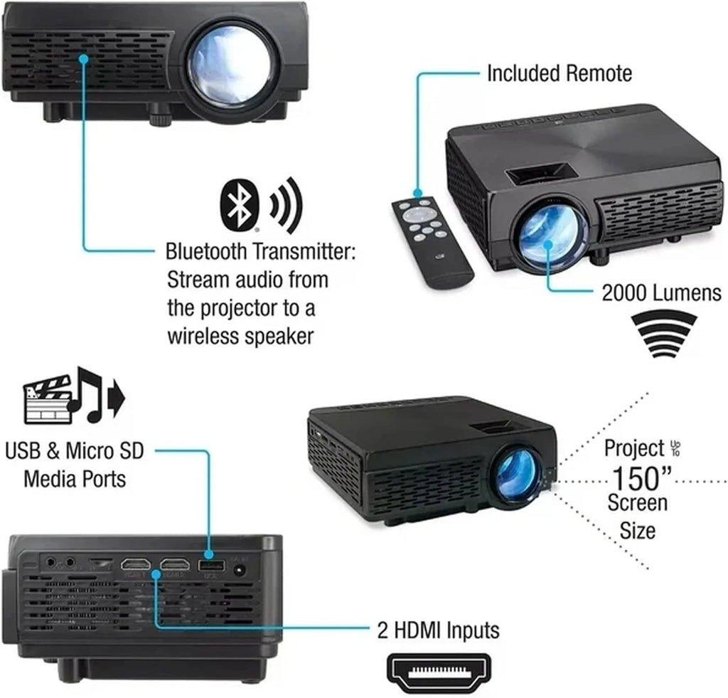 iLive Popup Theater Kit Bundle 2023 With HDMI Cord: 1080p HD Mini Projector, 120" Screen, Bluetooth Soundbar, 42" Tripod - Perfect for Home Cinema, Gaming & Outdoor Movies