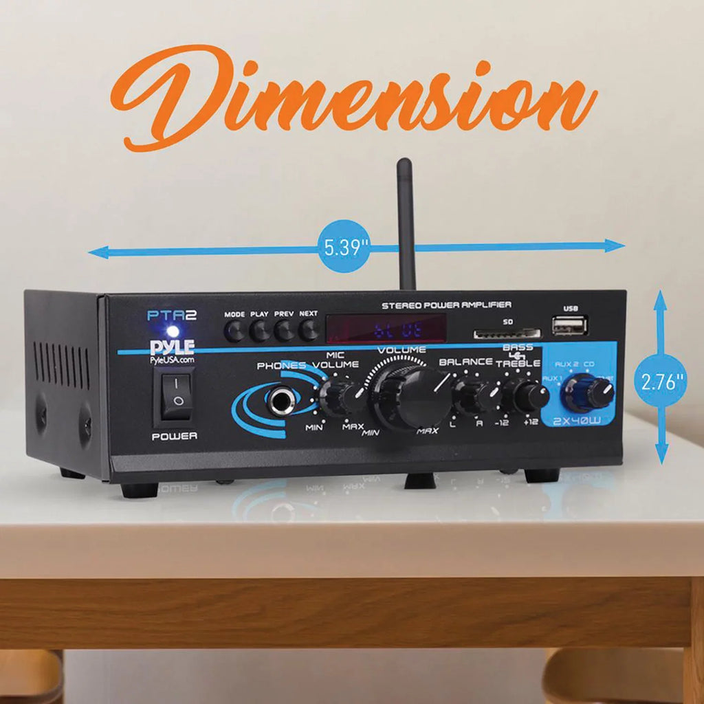 Pyle PTA2 2 x 40W Home Stereo Mini Bluetooth Power Amplifier with Remote Control