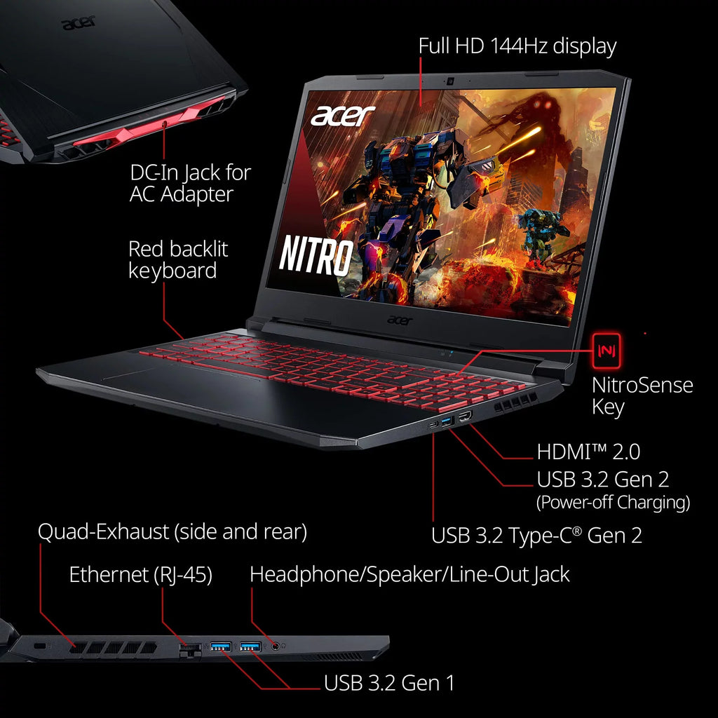 Nitro 5 AN515-57-79TD Gaming Laptop |  Core i7-11800H | NVIDIA GeForce RTX 3050 Ti Laptop GPU | 15.6" FHD 144Hz IPS Display | 8GB DDR4 | 512GB NVMe SSD | Killer Wi-Fi 6 | Backlit Keyboard