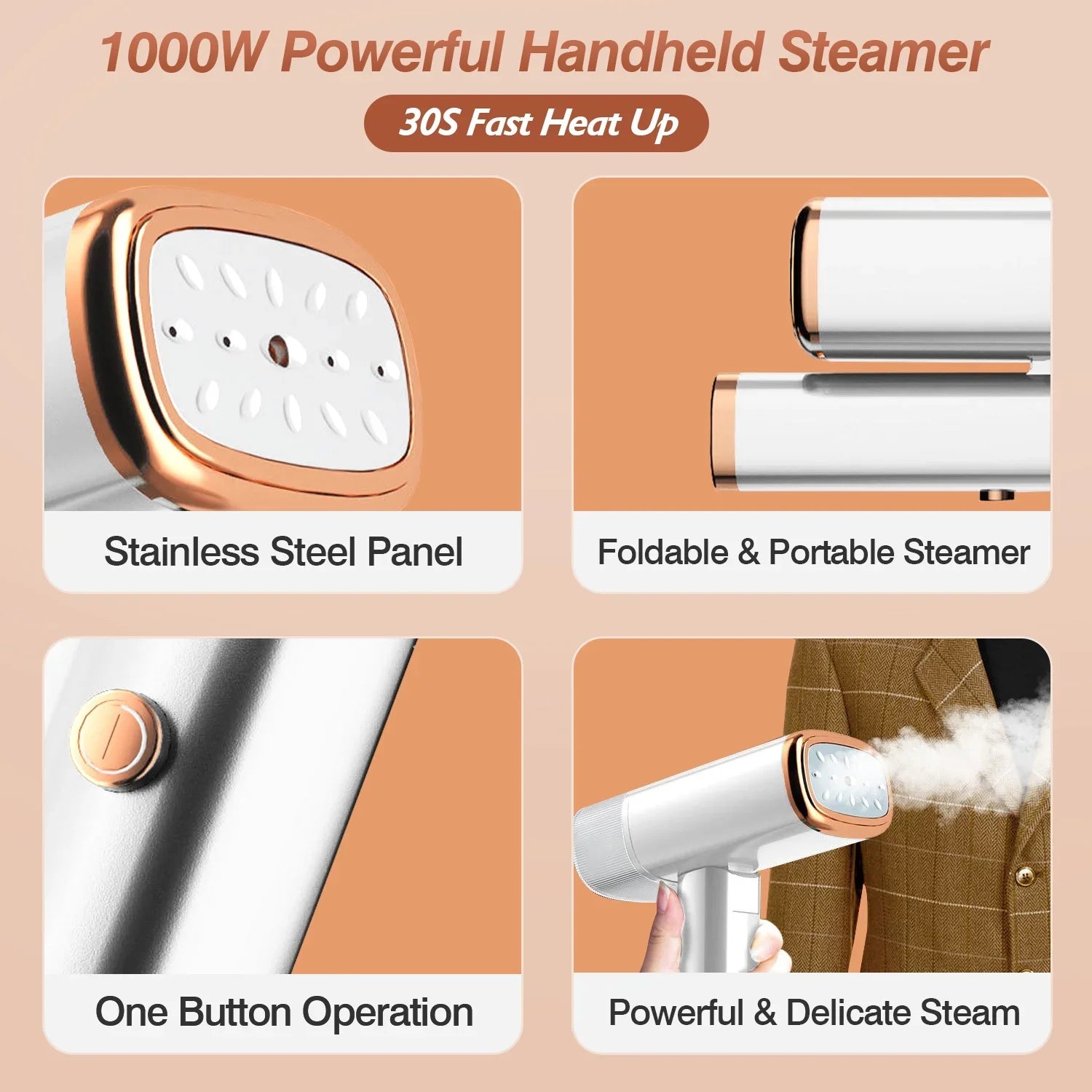 iMounTEK 1000W Portable Handheld Steamer with Brush Foldable Travel Electric Steamer for Garments Clothing Wrinkles Remover 30S Heat up 120ML liquid Tank, White