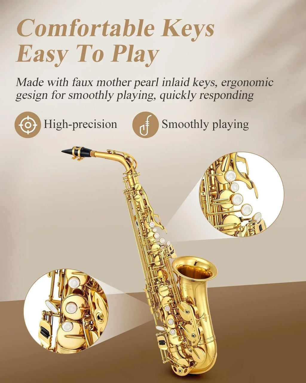 Eastar Alto Saxophone with Stand E Flat Gold Lacquer Student Beginner Sax Full Kit School Band Orchestra Instruments AS-II
