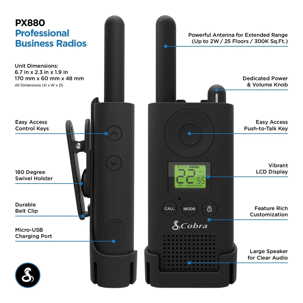 Cobra® MicroTALK CBA-PX880 Two-Way Radios, Black, Pack Of 2 Radios