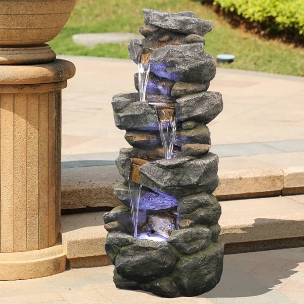 Fithood 40inches High Stacked Simulated Rock aqua Fountain with LED Lights