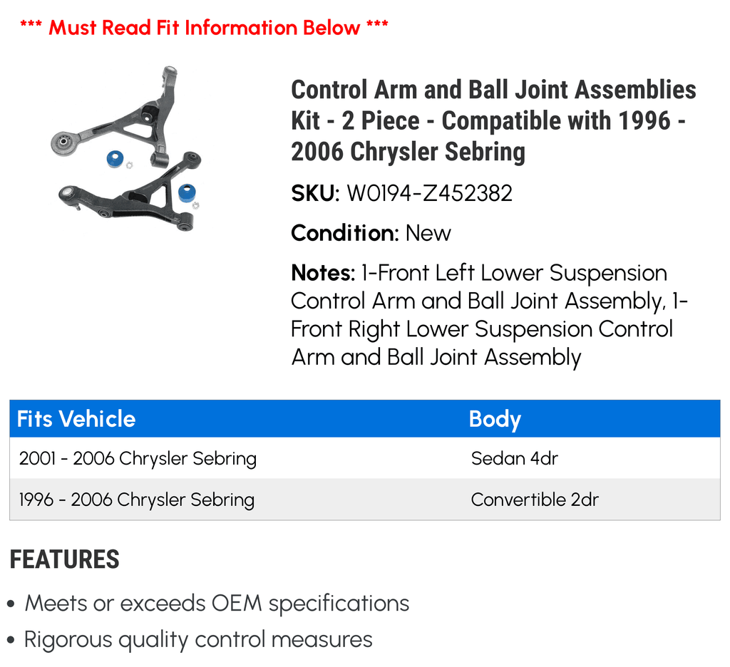 Control Arm and Ball Joint Assemblies Kit - 2 Piece - suitable with 1996 - 2006 Chrysler Sebring 1997 1998 1999 2000 2001 2002 2003 2004 2005