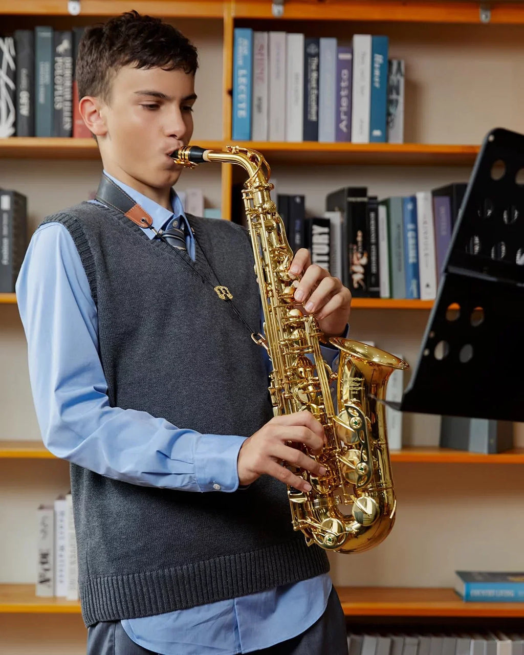 Eastar Alto Saxophone with Stand E Flat Gold Lacquer Student Beginner Sax Full Kit School Band Orchestra Instruments AS-II
