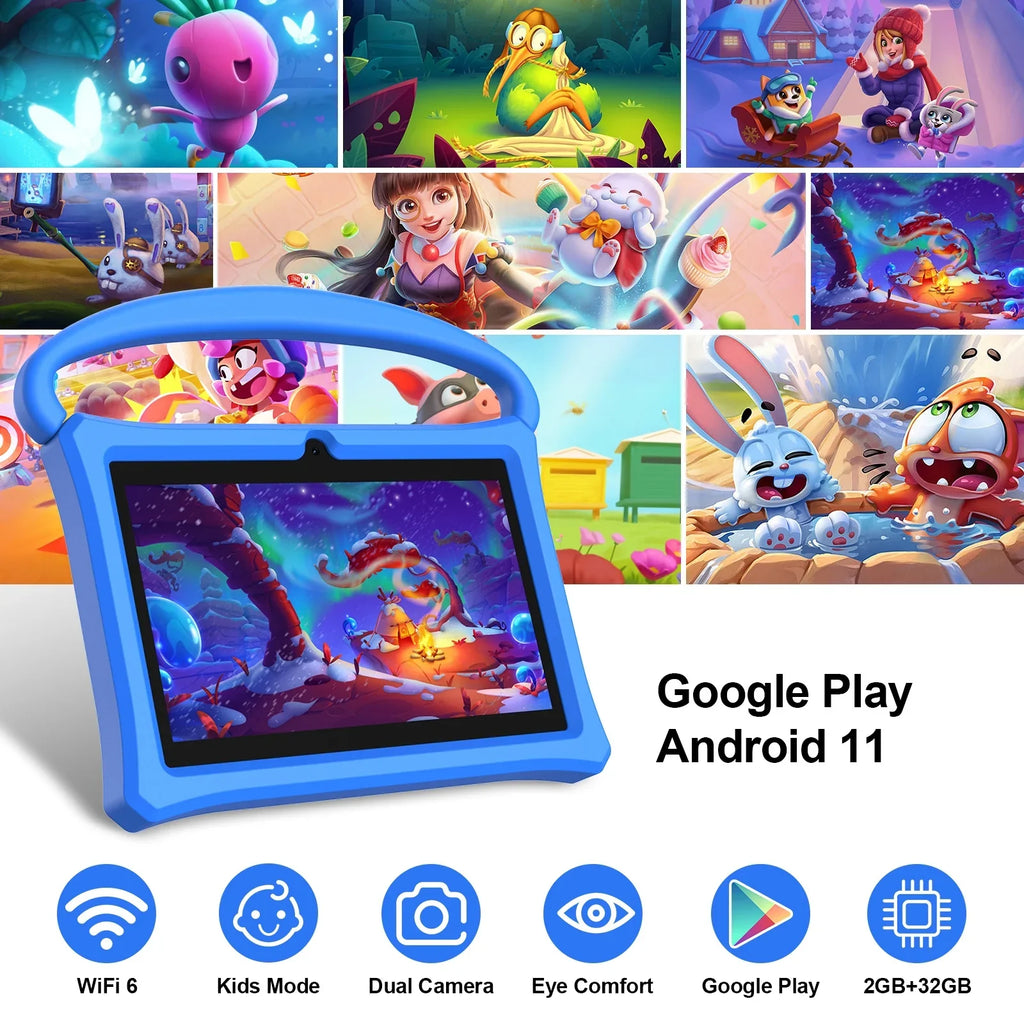 BAKEN 7 inch Kids Tablet, 2GB RAM 32GB ROM, Android 11 Tablet, WiFi6, Bluetooth, Parental Control Pre-Installed Learning Tablet Apps for Toddlers Children Kid-Proof Protective Case, Google Play(Blue)