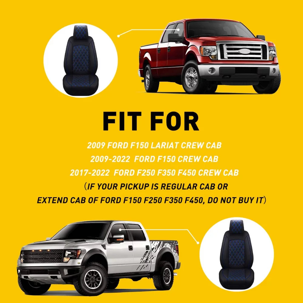 Car Seat Covers Full Set with Waterproof Leather Fit for 2009 to 2023  F150 and 2017 to 2023 F250 F350 F450,Double,Extended Cab or Pickup Truck(Full Set, Black-Blue)