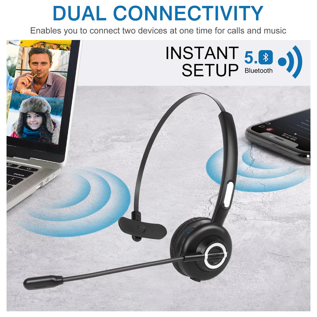 Comfortable Bluetooth Headset, UX-M97 Wireless Headset with Microphone, Wireless Cell Phone Headset with Noise Isolation Mic Charging Base Mute Function for  Z5 With Charging Dock