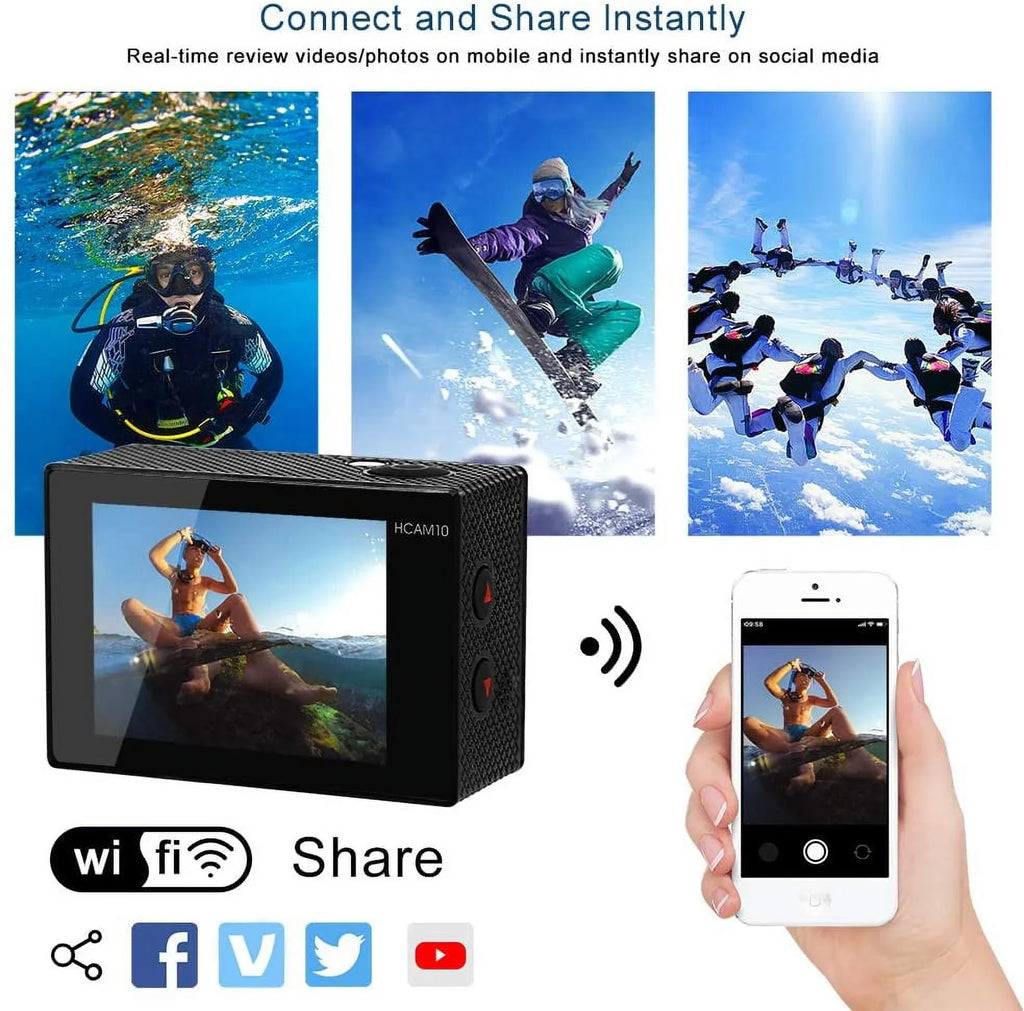 Video Action Camera 4K with Wide Angle Lens HD WiFi Underwater Camera with Waterproof Case Remote Outdoor Sports Camera for Vlog with Accessories Mount Kit Battery Charger