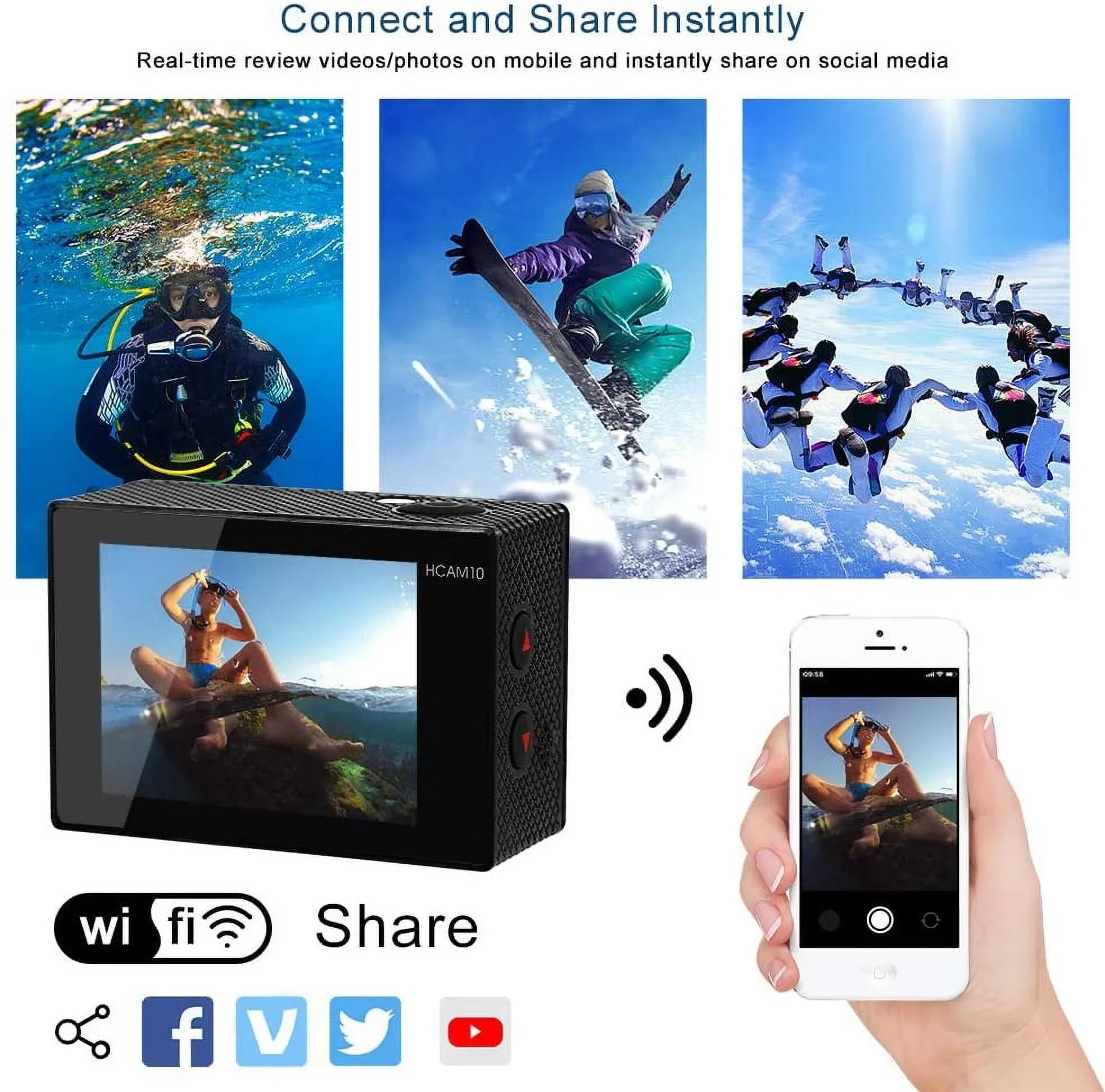 Video Action Camera 4K with Wide Angle Lens HD WiFi Underwater Camera with Waterproof Case Remote Outdoor Sports Camera for Vlog with Accessories Mount Kit Battery Charger
