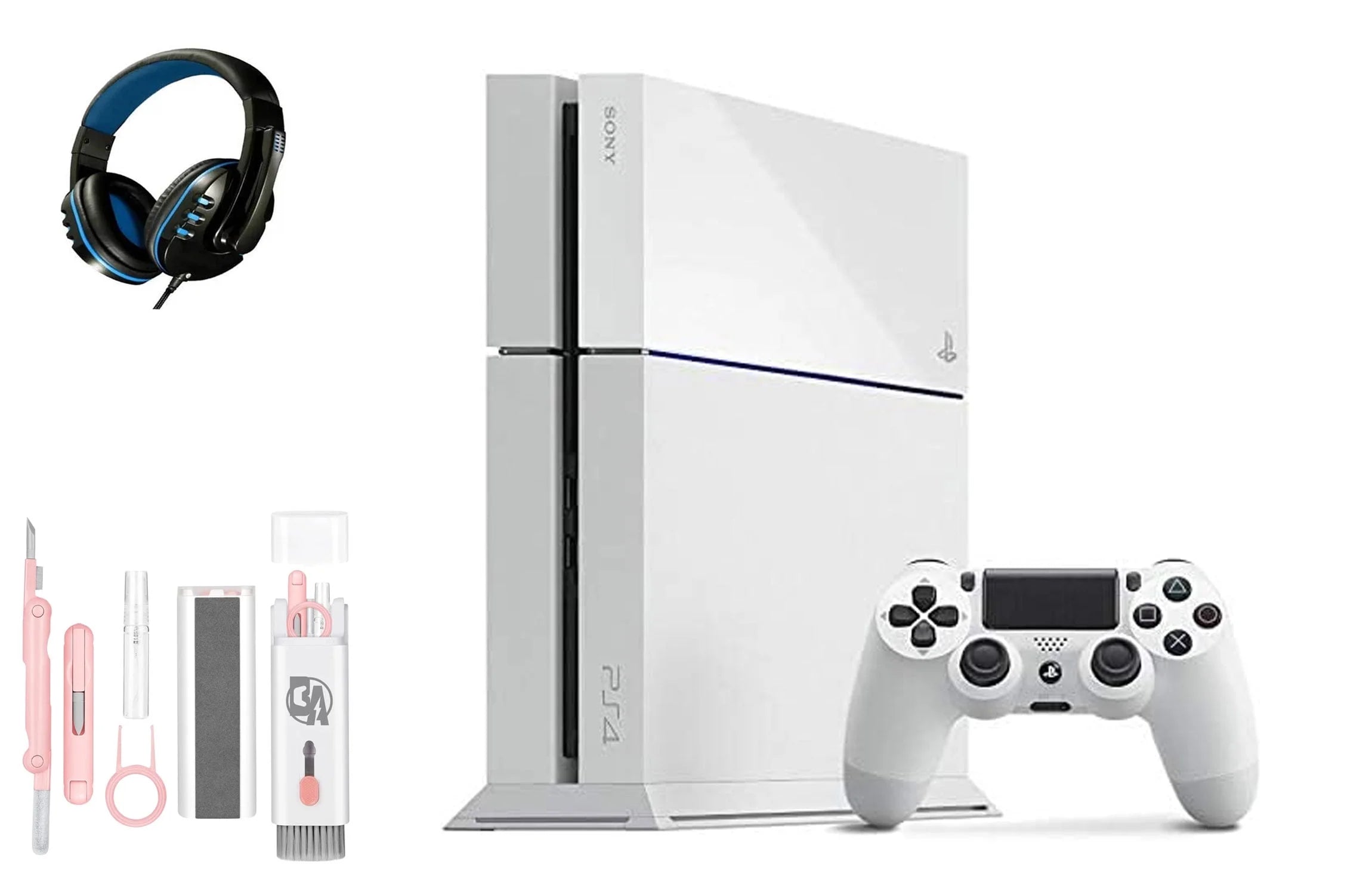 Pre-Owned  PlayStation 4 500GB Gaming Console White Headset with BOLT AXTION Cleaning Kit Bundle (Refurbished: Like New)
