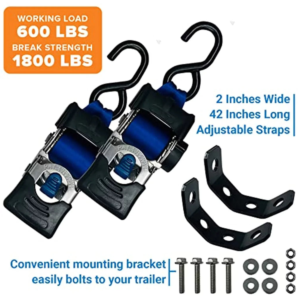 2x43 Blue Stainless Retractable Ratchet Straps - Heavy Duty Set with Mounting Brackets & Bolts - Self-Retracting Buckle for Cargo