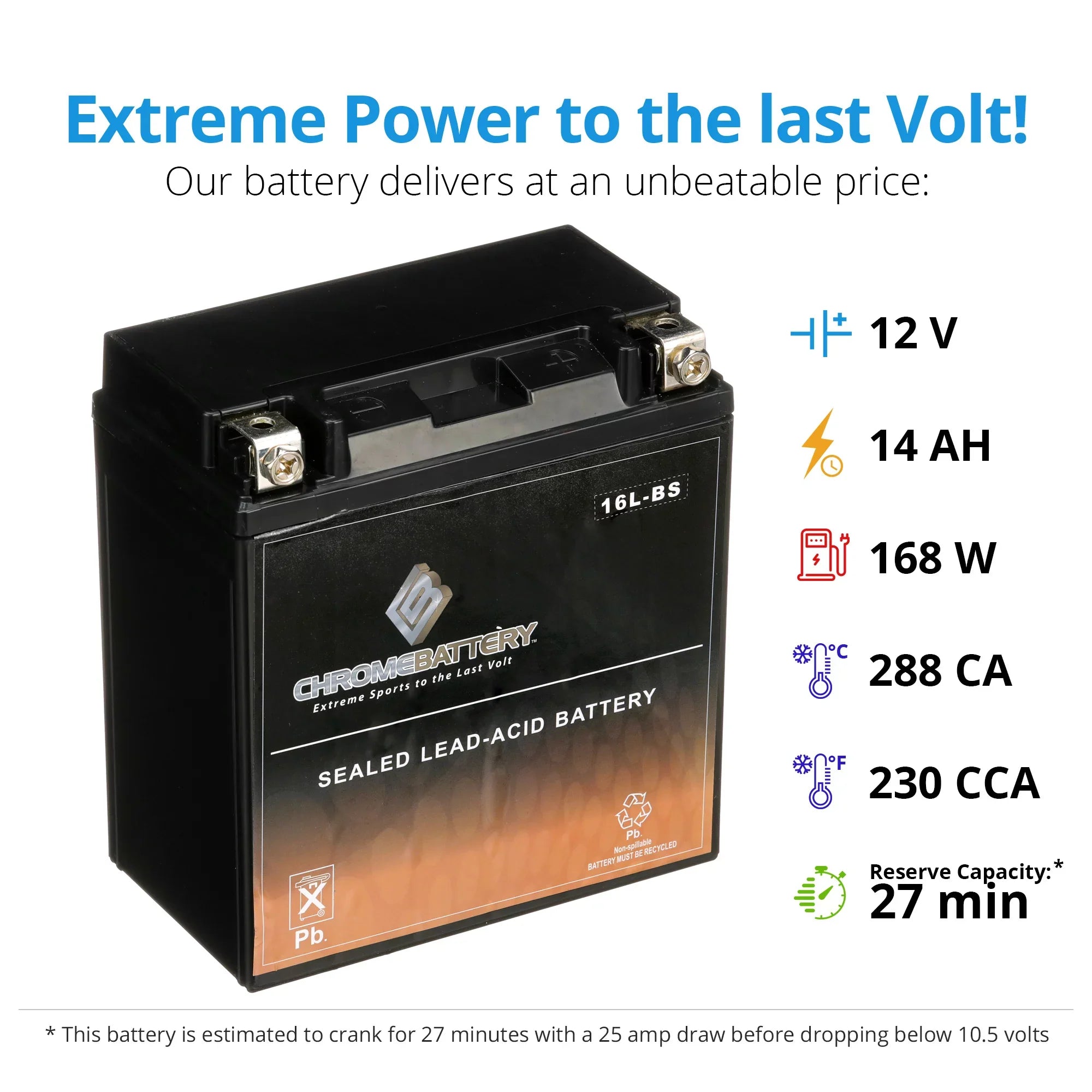 Chrome Battery YTX16L-BS (16L-BS 12 Volt,14 Ah, 230 CCA) Jet Ski Battery for Yamaha Wave Runner 1991