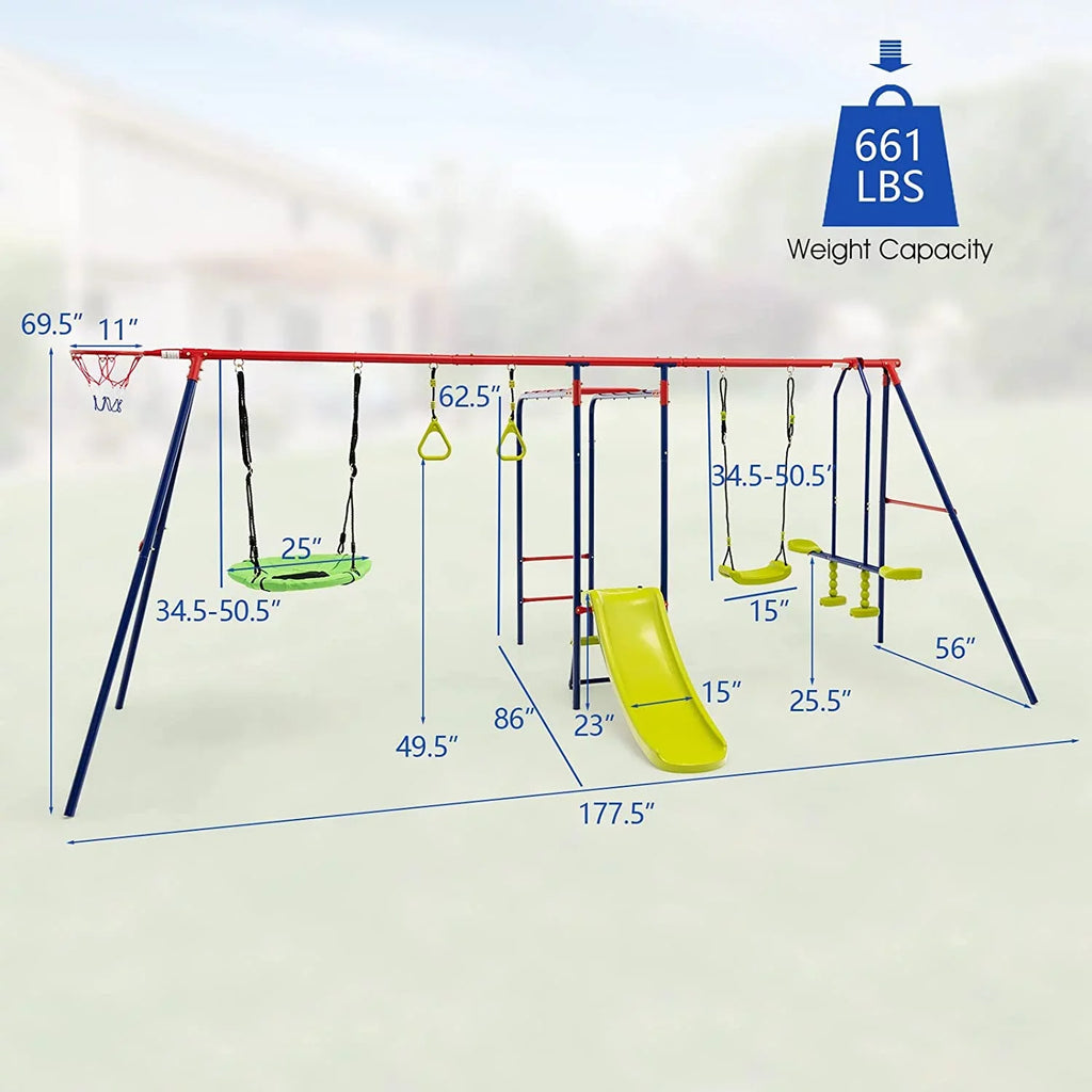 OLAKIDS Swing Sets for Backyard, 7 in 1 Outdoor A-Frame Heavy Duty Metal Swing Stand with Monkey Bar for Kids, 660LBS Playground Playset with Slide, 2 Swings, Glider, Trapeze Rings, Basketball Hoop