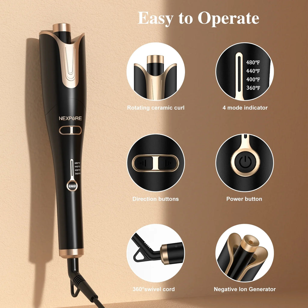 NEXPURE Curling Irons,Curling Iron Professional with 1" Large Rotating Barrel & 4 Temps,Salon Curl Hair,Gold