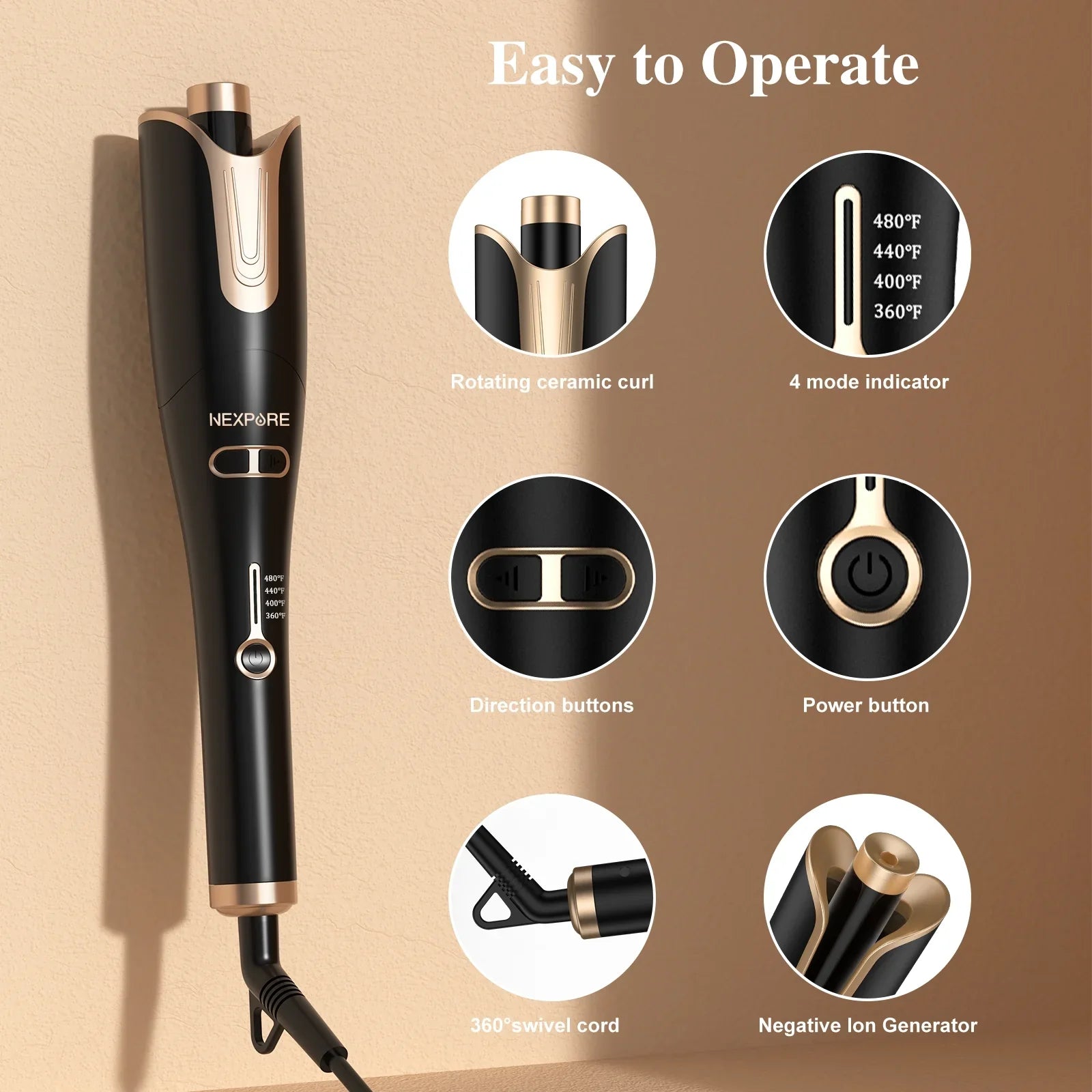 NEXPURE Curling Irons,Curling Iron Professional with 1" Large Rotating Barrel & 4 Temps,Salon Curl Hair,Gold
