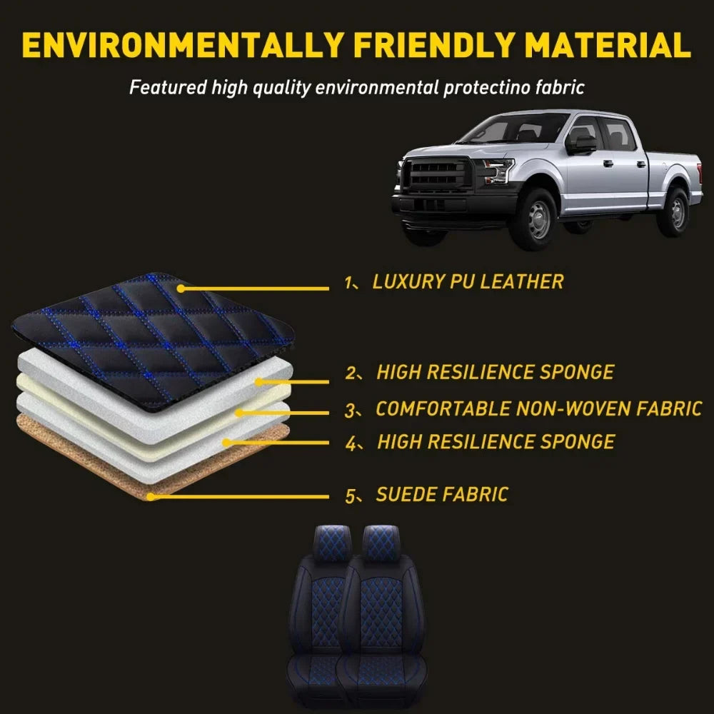 Car Seat Covers Full Set with Waterproof Leather Fit for 2009 to 2023  F150 and 2017 to 2023 F250 F350 F450,Double,Extended Cab or Pickup Truck(Full Set, Black-Blue)
