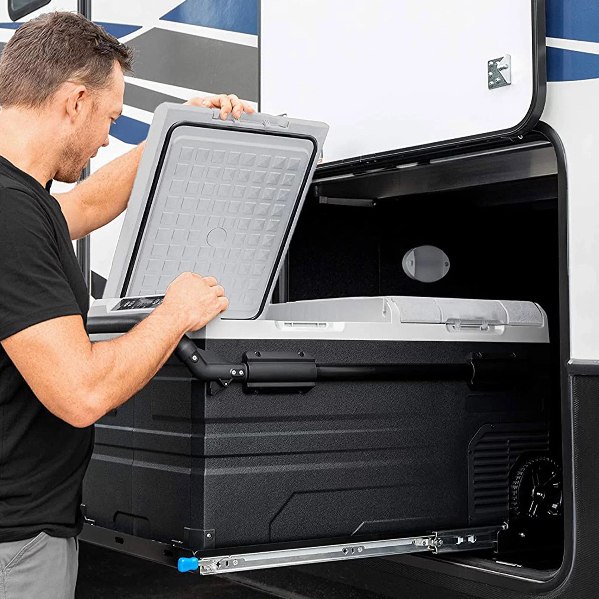 Camco Camper/RV Medium Portable Electric Refrigerator Slide | Features Ball Bearing Steel Slides & Safety Latch | Holds Up to 264lbs (51530)