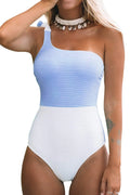 Cupshe Women's Blue Color Block One Shoulder Bowknot Tie One-Piece Swimsuit, XL