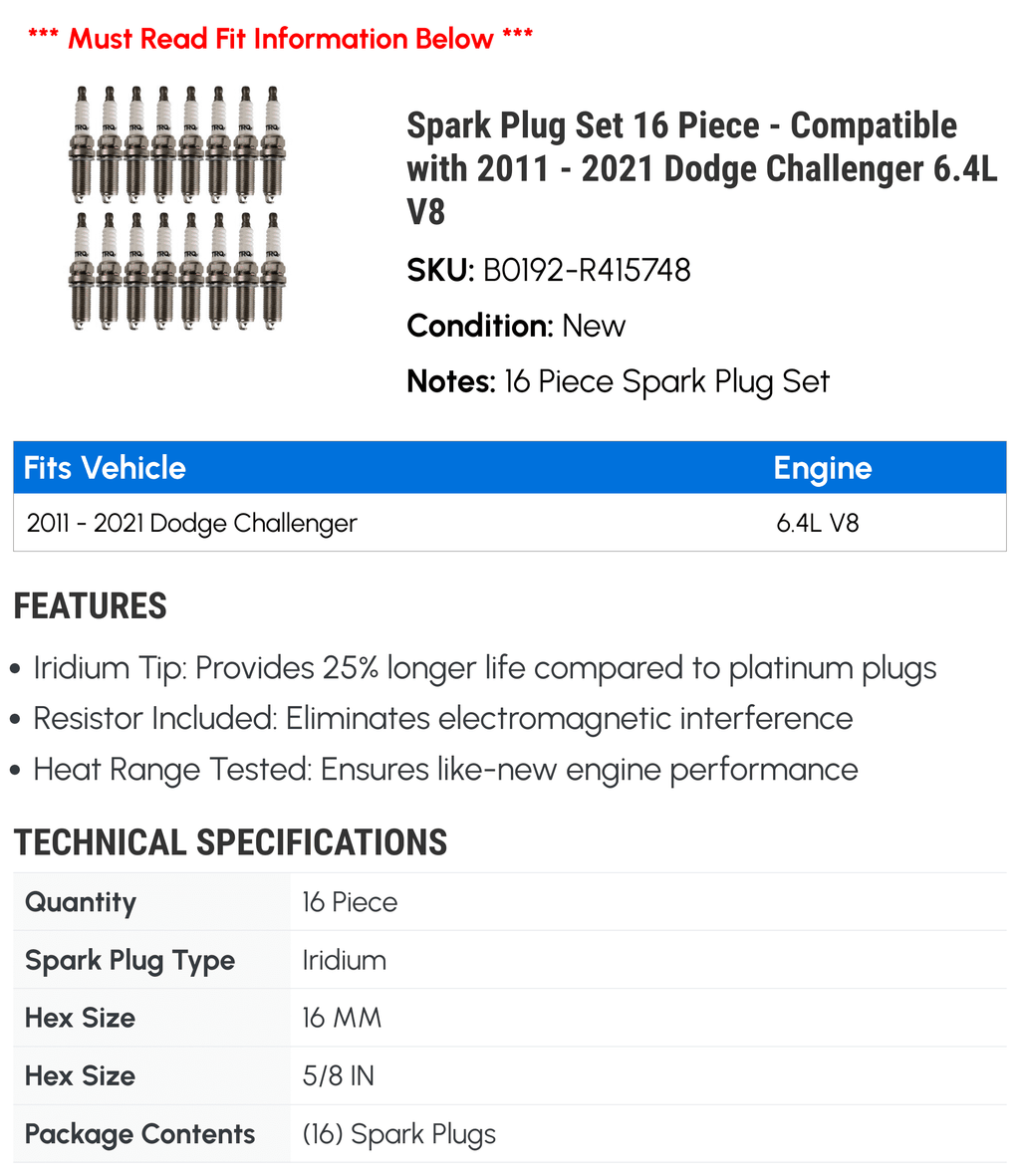 Spark Plug Set 16 Piece - suitable with 2011 - 2021 Dodge Challenger 6.4L V8 2012 2013 2014 2015 2016 2017 2018 2019 2020