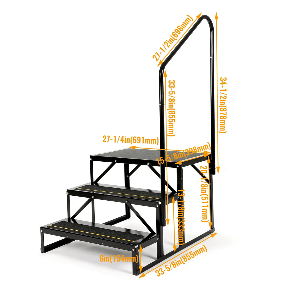 HECASA Universal 3 Steps Stairs Steel for RV Travel Trailer Camper Trailer W/ Side Load Hand-railing Armrest Hand Rail