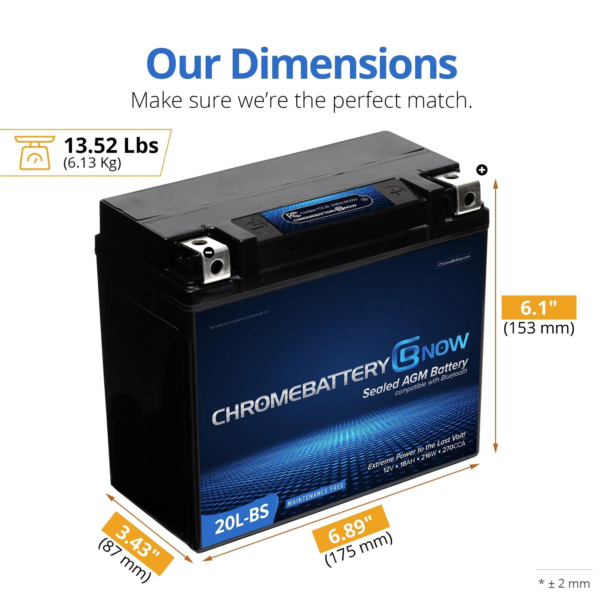 Chrome Battery Now Ytx20l-bs (20l-bs 12 Volt,18 Ah, 270 Cca) Intelligent Wireless Smartphone Connectivity AGM Battery for Personal Watercraft - Brp (sea-doo) 900 Gti 90 Years (2018 - 2020)
