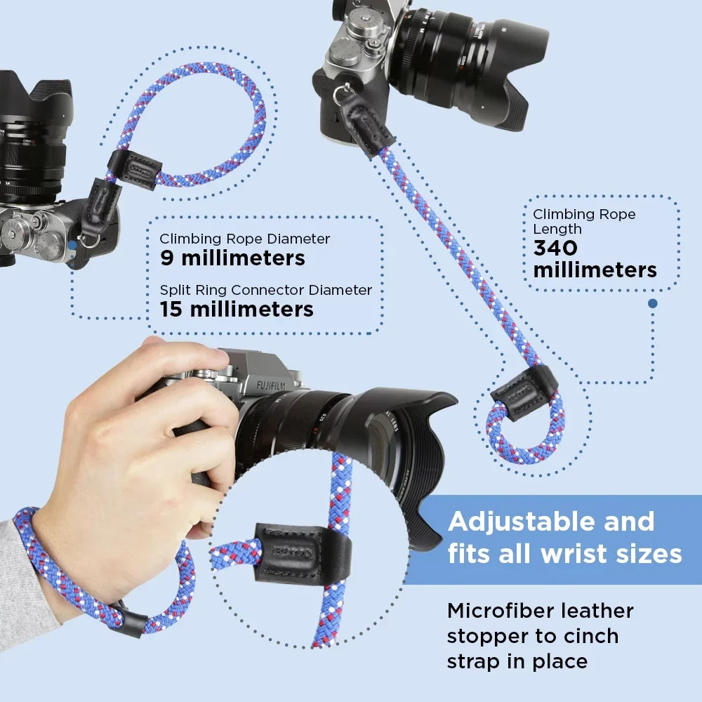 Foto&Tech Climbing Rope Camera Wrist Strap Quick Release Made in US appropriate with  A6600 A6500 A6400 A6000 A6300 A6100 A5100 A5000,RX1 R,RX1 R II,RX10,RX10 II,RX10 III,RX10 IV (34cm,Red/Blue/WT)
