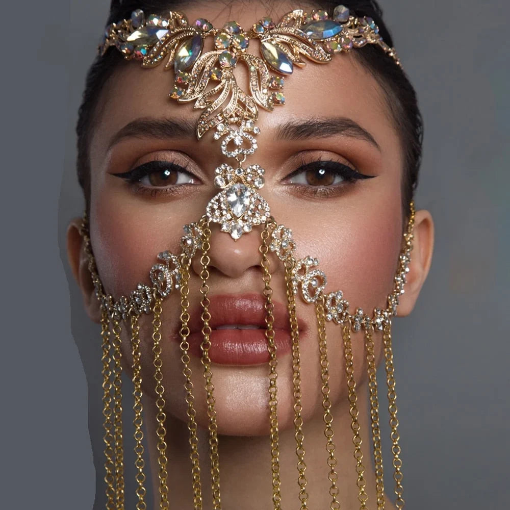 Crystal Face Chain Costumes Halloween Mask for Women Headpiece Tassel Hair Jewelry Face Jewelry Rhinestone