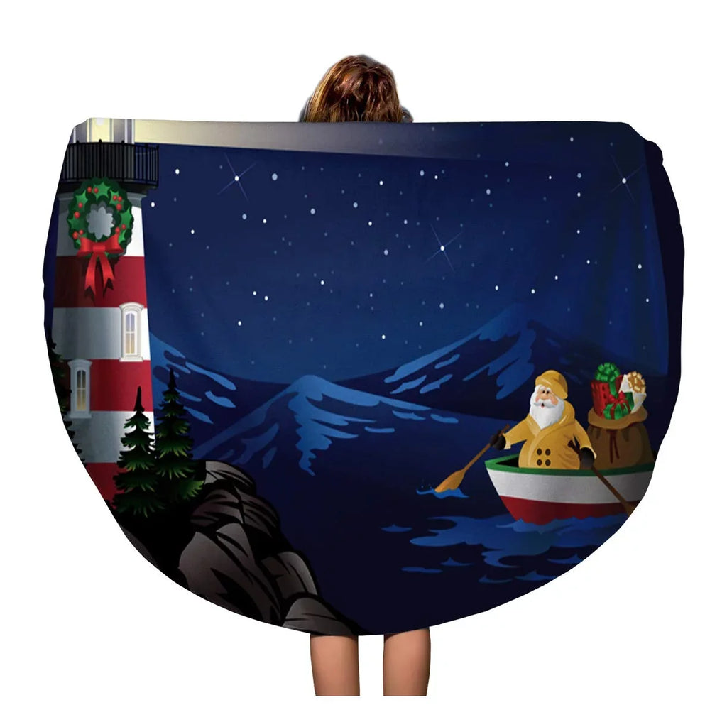 SIDONKU 60 inch Round Beach Towel Blanket Christmas Santa Rowing craft Bringing to Lighthouse Nautical Row Travel Circle Circular Towels Mat Tapestry Beach Throw