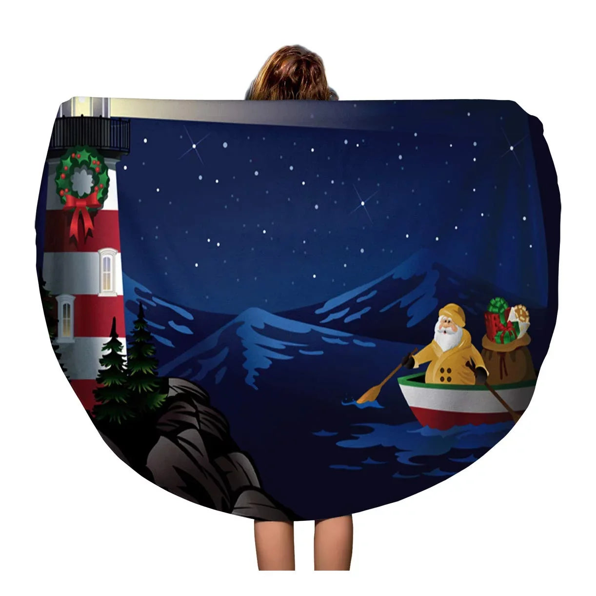 SIDONKU 60 inch Round Beach Towel Blanket Christmas Santa Rowing craft Bringing to Lighthouse Nautical Row Travel Circle Circular Towels Mat Tapestry Beach Throw