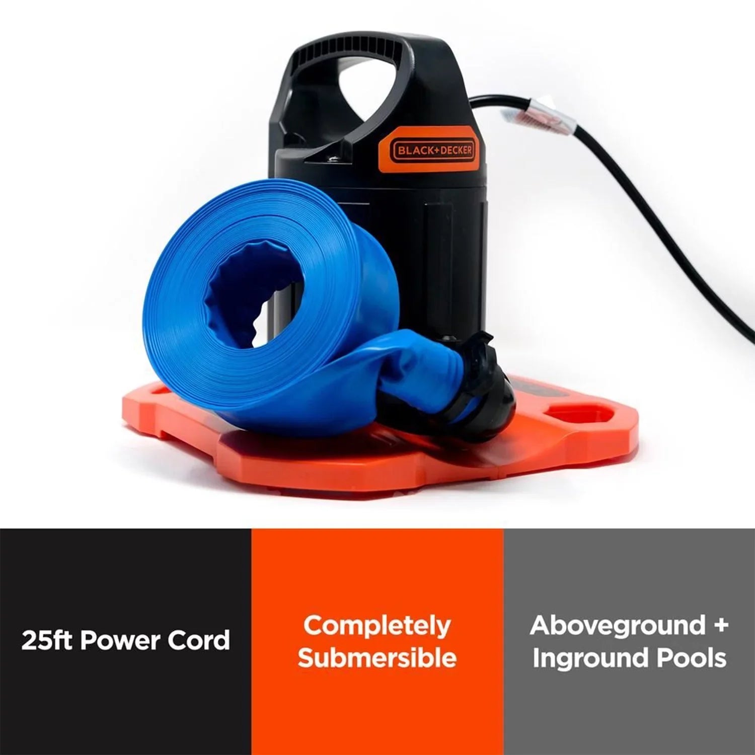 Black+Decker 1500 GPH Submersible Automatic Pool protector Pump with Discharge Hose