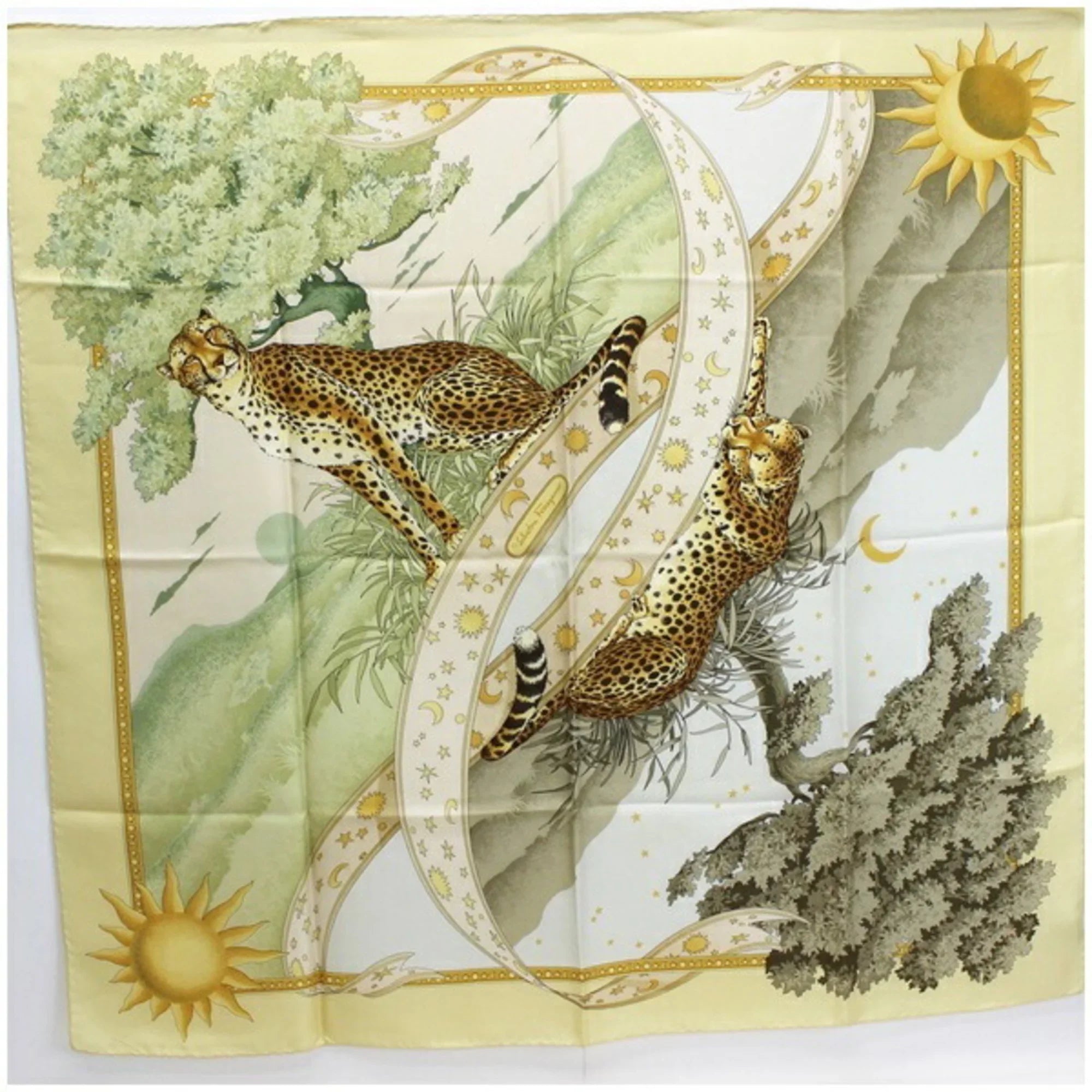 Pre-Owned Salvatore Ferragamo silk scarf muffler yellow leopard print SALVATORE FERRAGAMO ladies animal pattern paper (Good)