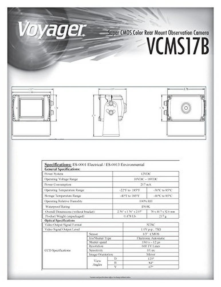 Voyager VCMS17B Super CMOS Color Rear Mount Observation Camera with LED Low-Light Assist, Built-In Microphone, Black