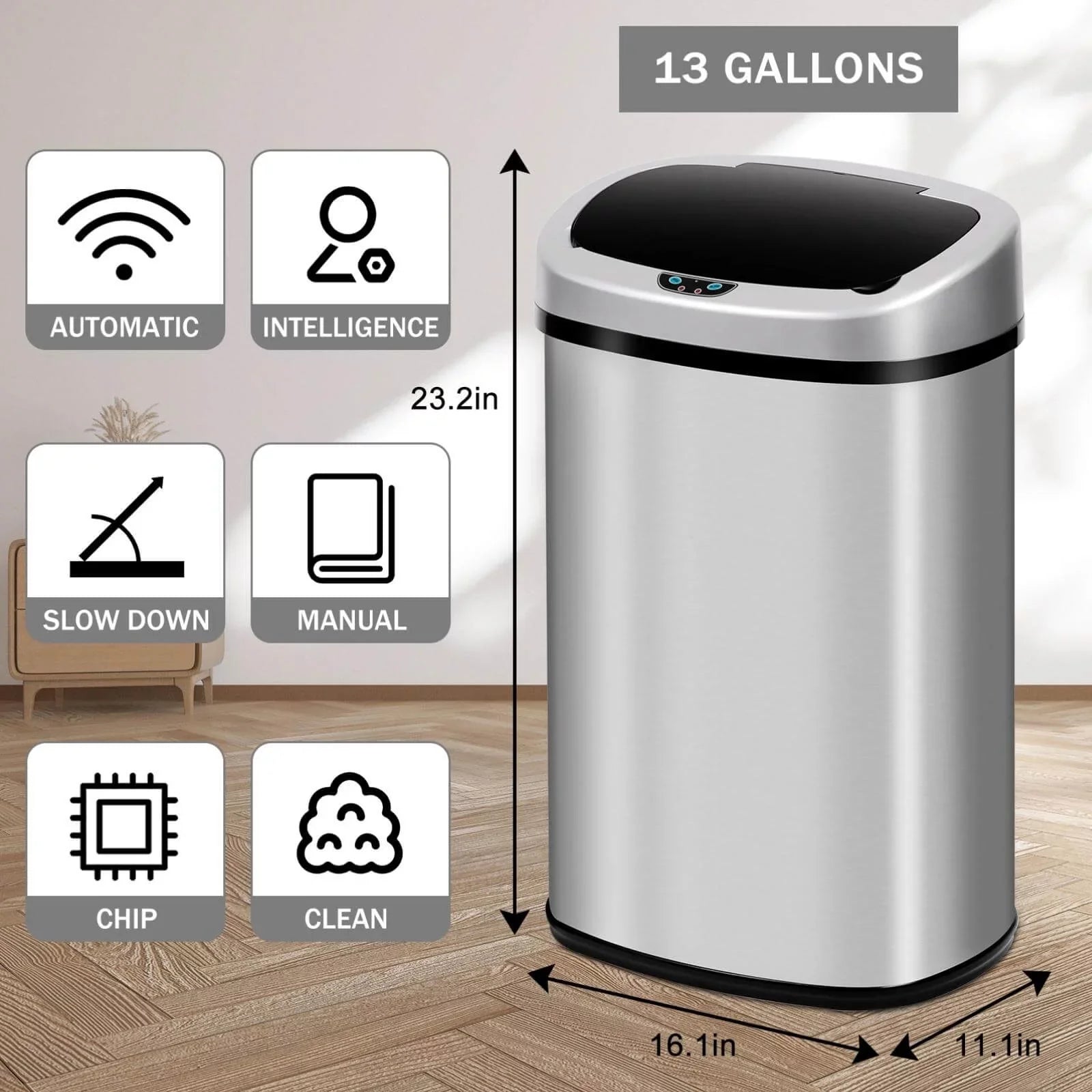 NiamVelo Kitchen Trash Can with Lid, 13 Gallon Automatic Stainless Steel Garbage Can with Touch-Free & Motion Sensor, Anti-Fingerprint Mute Designed Waste Bin for Office Home, Silver