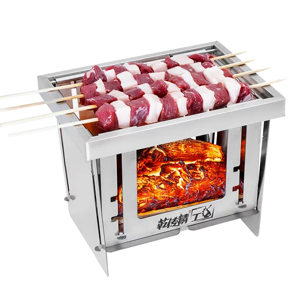 MABOTO Outdoor Stainless Steel Grill Portable Wood Burning Camping Folding BBQ Grill Windproof Camping Picnic Tool For Home Park Use