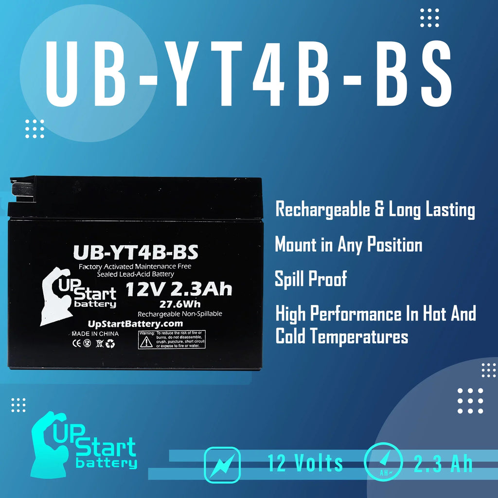 4-Pack UpStart Battery Replacement for 2008 Yamaha SR400 400CC Factory Activated, Maintenance Free, Motorcycle Battery - 12V, 2.3Ah, UB-YT4B-BS