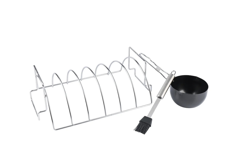 PitMaster King Large 6 Slot Stainless Steel Rib Rack, Sauce Pan and Basting Brush 3pc Combo Set