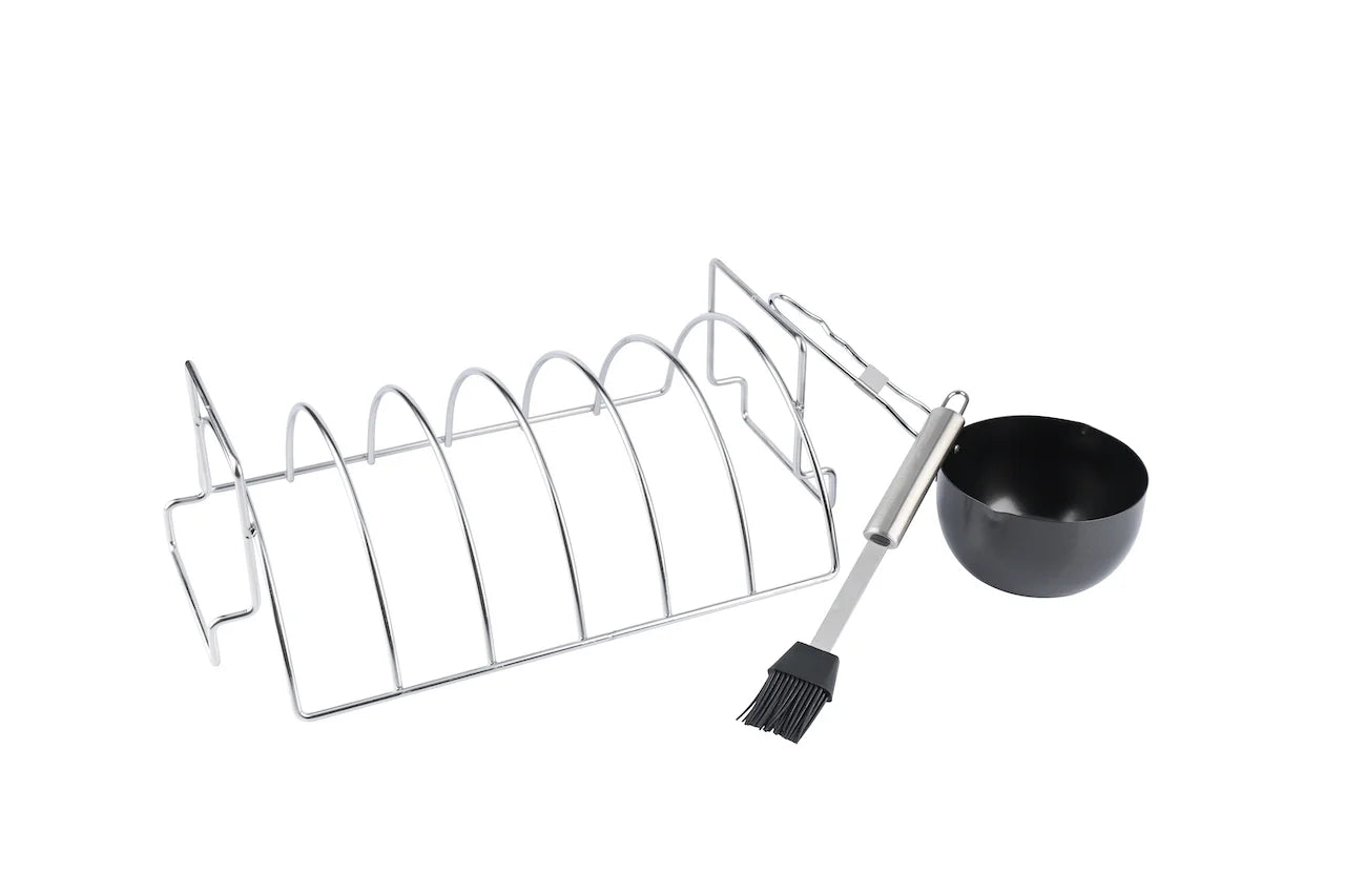 PitMaster King Large 6 Slot Stainless Steel Rib Rack, Sauce Pan and Basting Brush 3pc Combo Set