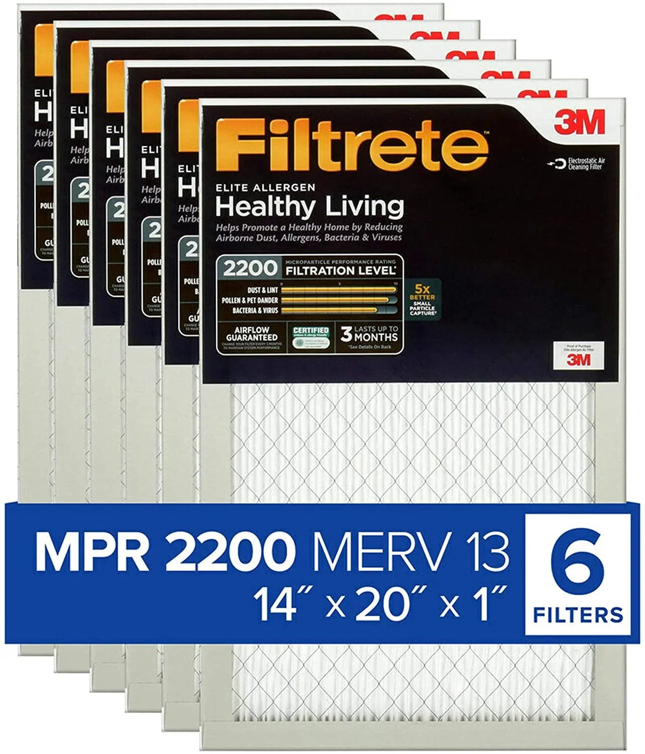 Filtrete 14x20x1, AC Furnace Air Filter, MPR 2200, Healthy Living Elite Allergen, 6-Pack (exact dimensions 13.81 x 19.81 x 0.78)