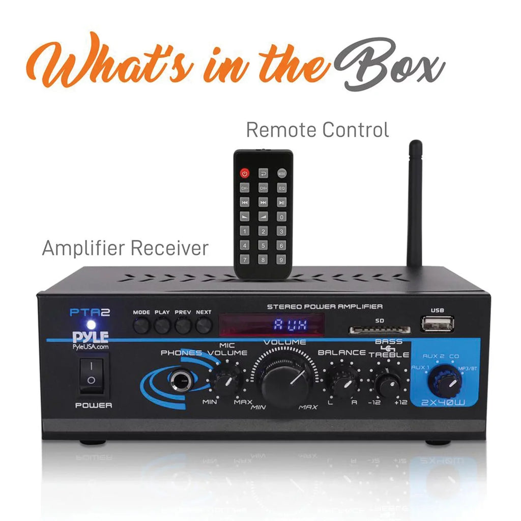 Pyle PTA2 2 x 40W Home Stereo Mini Bluetooth Power Amplifier with Remote Control