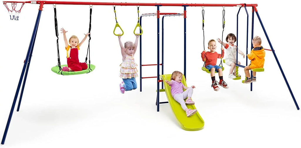 OLAKIDS Swing Sets for Backyard, 7 in 1 Outdoor A-Frame Heavy Duty Metal Swing Stand with Monkey Bar for Kids, 660LBS Playground Playset with Slide, 2 Swings, Glider, Trapeze Rings, Basketball Hoop